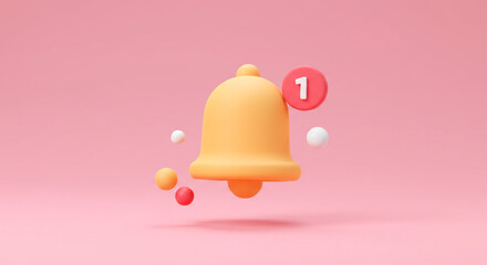 A playful pastel bell announces one new notification, floating gently against a soft pink backdrop with vibrant little spheres.