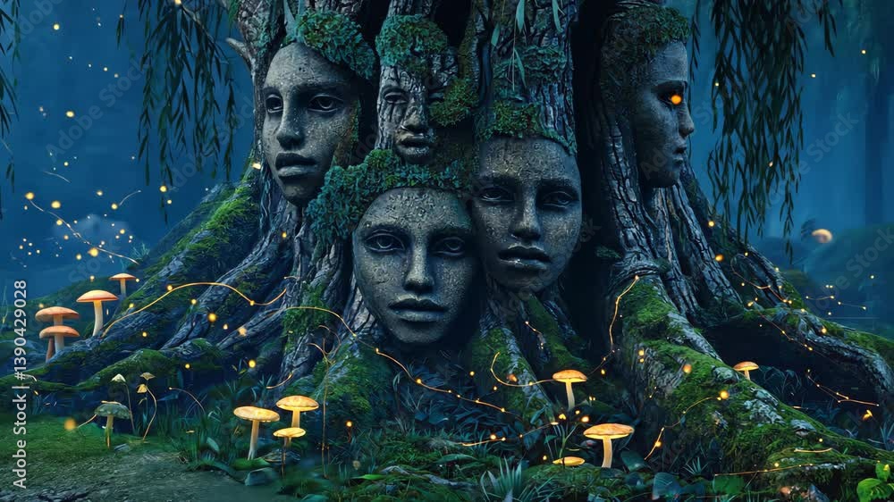 Poster mystical tree with faces nestled in a serene forest illuminated by glowing mushrooms at twilight