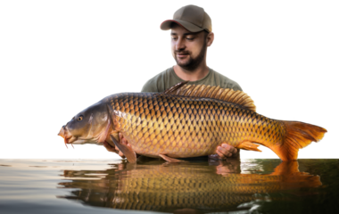 Fishing background. Young man hold big carp in his hands.	