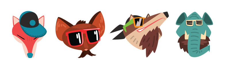 Cute Animal Heads Wearing Stylish Headgears and Sunglasses Vector Set