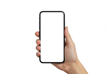 Hand holding smartphone with blank screen on white background for technology and mockup concept