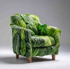 Surreal armchair upholstered in cabbage leaves. Surrealism, unusual furniture design, food as inspiration, creativity, humor, conceptual art, vegetables, nature, green, unique, bizarre.