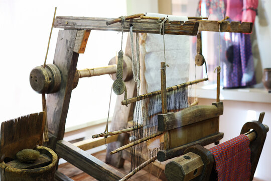 Linen being woven on a loom at the Wellbrook Beetling Mill, Cookstown, Northern Ireland