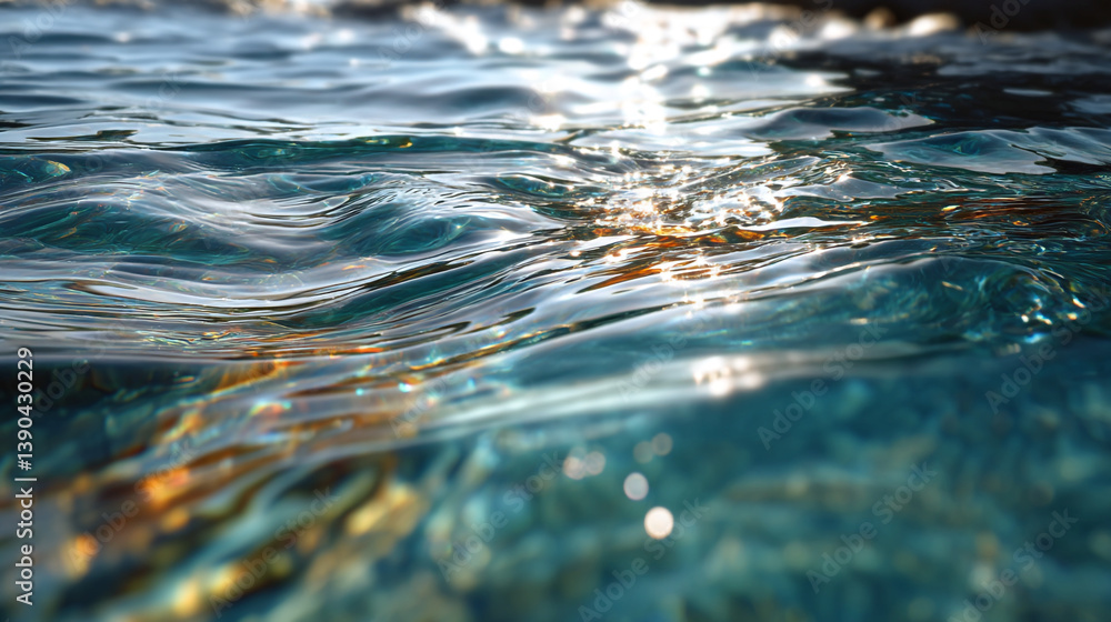 Poster a close up view of ocean water with sunlight reflecting and creating bokeh effects on the surface