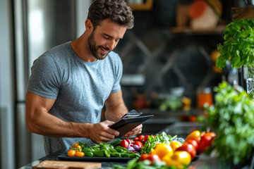 A man cooking in the kitchen while using his tablet.