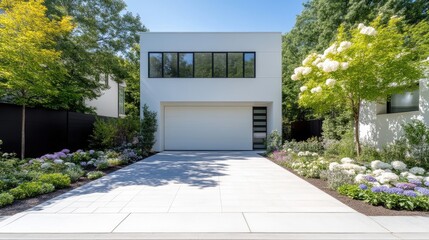 Modern House Lush Landscaping Bright Sunlight High-Resolution Wide Angle View Clean Lines Minimalist Design Architectural Showcase Bright Daytime Ideal for Real Estate Listings
