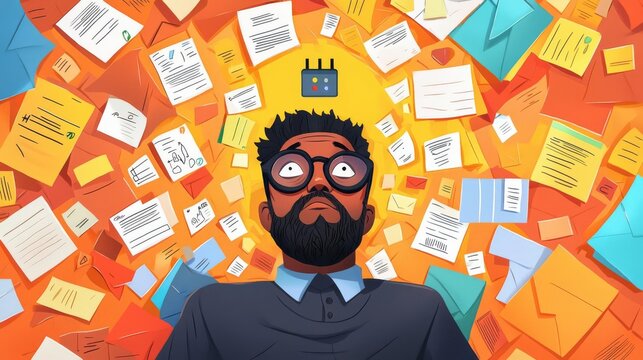 A stressed businessman overwhelmed by paperwork and notifications, illustrating the chaos of modern work life.