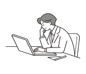 Business Person with Laptop Thinking ? Vector Illustration, Cartoon Clipart & Line Art for Print 5.eps
