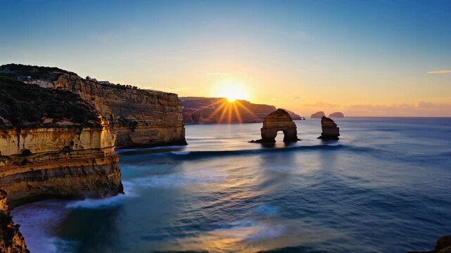 Sunset over coastal cliffs with ocean waves at the Twelve Apostles in Australia