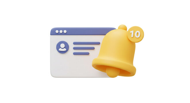 A cheerful notification bell rings, announcing ten new messages on a user profile page, a bright and friendly 3D design.