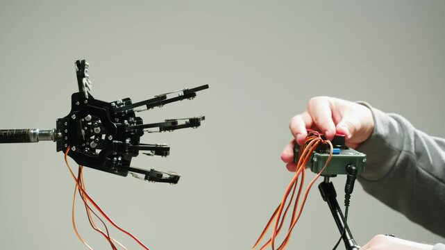 Modern Robotic Arm Holding and Moving, man working with Mechanical components, Engineers Using Tablet Computer to Manipulate and Program the Robot.