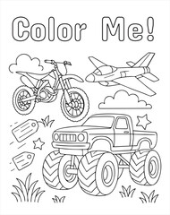 Black and white coloring page with a monster truck, motorcycle, and jet. Fun transportation-themed illustration for kids. Isolated on white background. © Michailas