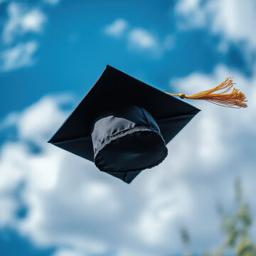 Graduation cap soaring high amid ecstatic graduates at commencement ceremony.
