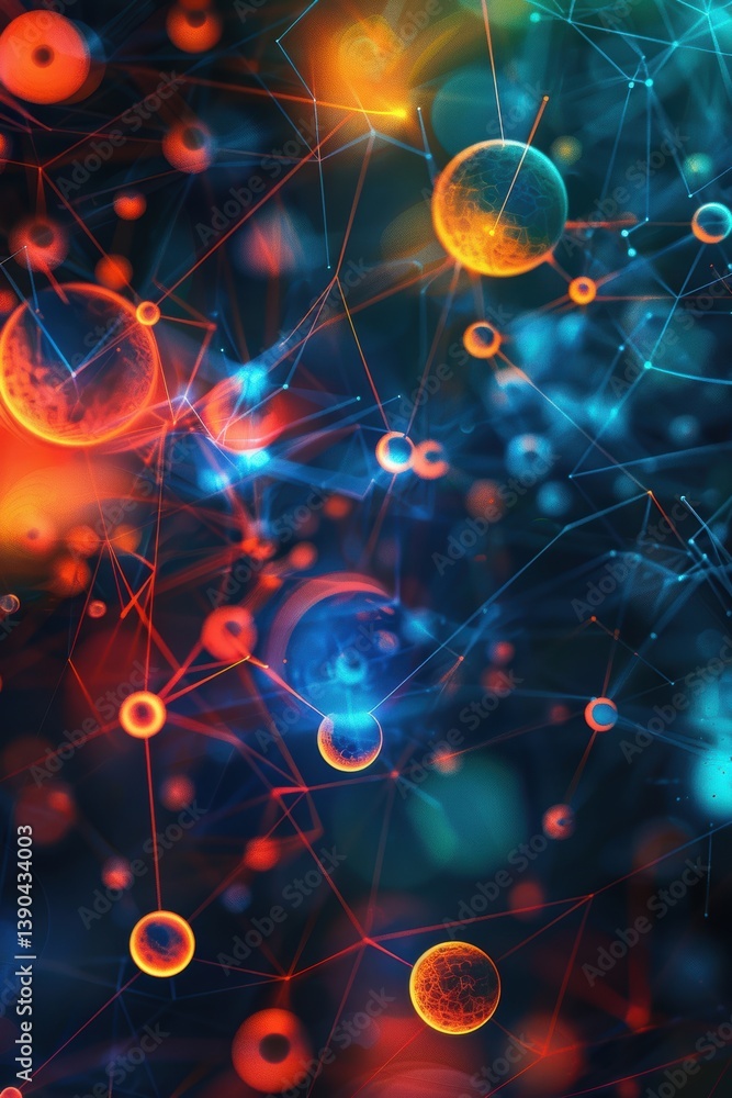 Poster futuristic technology network with glowing orbs and neon threads for digital communication design