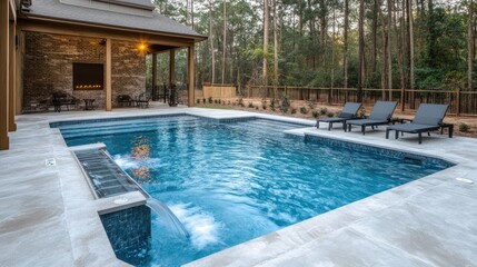 Luxurious Residential Swimming Pool Surrounded by Lush Trees and Cozy Outdoor Seating in Serene Backyard Setting