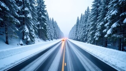 Car driving on snowy forest road surrounded by pine trees in winter evening light.