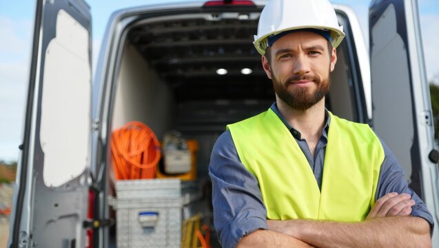 Electrician in safety gear stands by an open van loaded with electrical tools and cables, ready for a field job.