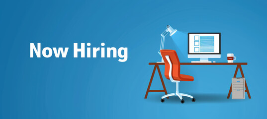 Professional Now Hiring Banner with Desk Essentials for Recruitment Campaigns