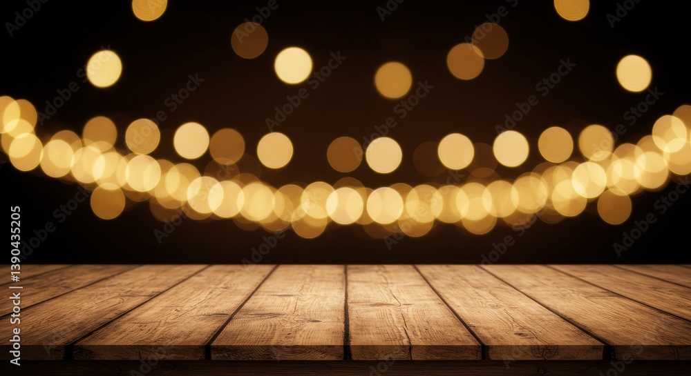 Poster wooden surface with blurred string lights in the background creating a festive atmosphere look