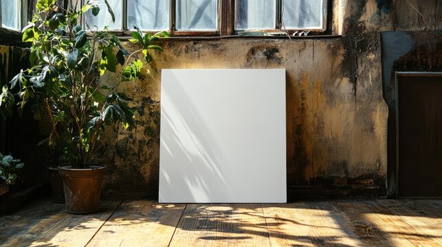 Blank canvas in rustic industrial space with plants