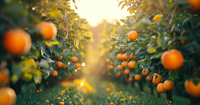 Orange trees laden with ripe fruit bask in the warm glow of the setting sun.