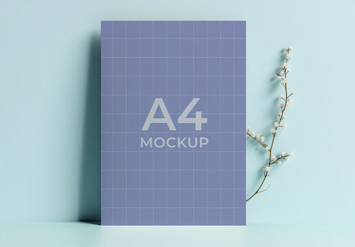 Elegant A4 Mockup in Light Blue with Delicate Flowers