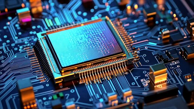 Close-up of a central processing unit (CPU) on a circuit board, showcasing intricate circuitry and technological detail