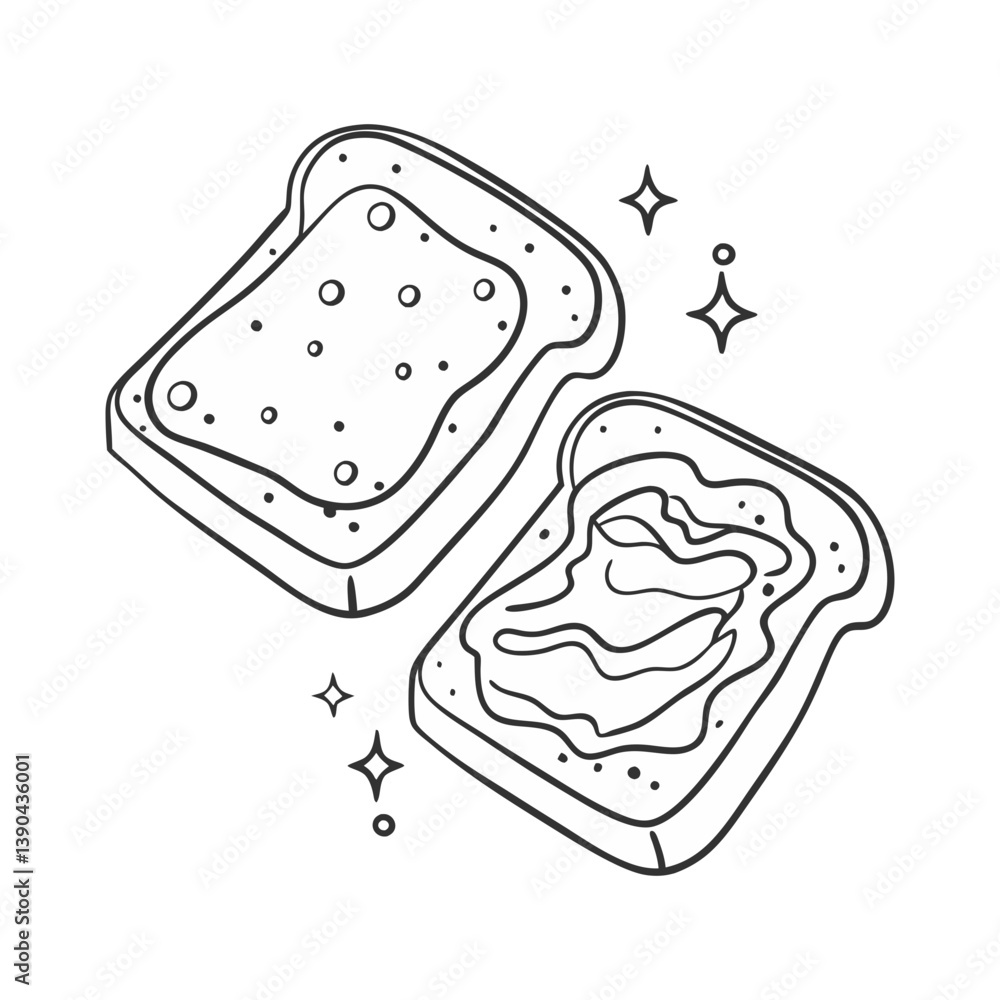Poster peanut butter and jelly sandwich slices with sparkles in a fun, minimalist vector line style.