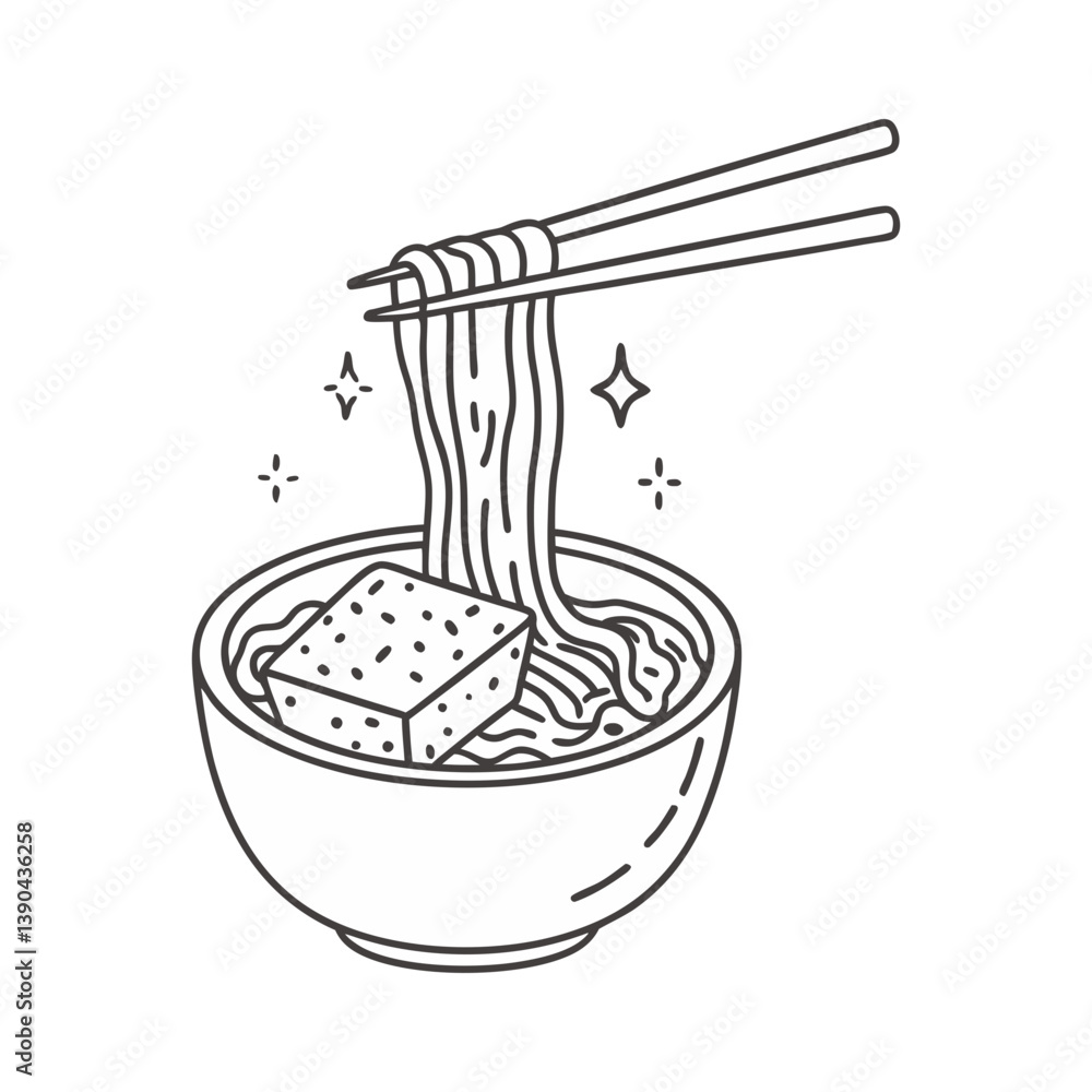 Poster bowl of noodles with tofu and chopsticks in a clean, minimalist vector line style with sparkles.