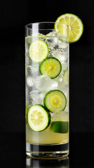 Fototapeta premium Refreshing cucumber lime beverage with ice in a tall glass 