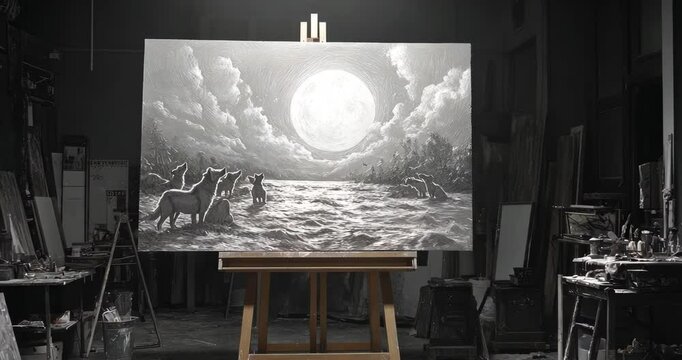 A captivating black and white painting of wolves howling at the moon, displayed on an easel in an art studio.