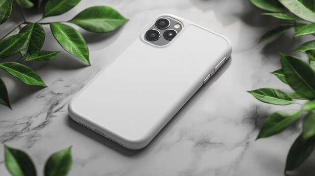 White phone case mockup on marble with greenery - Powered by Adobe