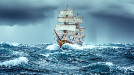 Obraz premium Historic ship battling rough seas