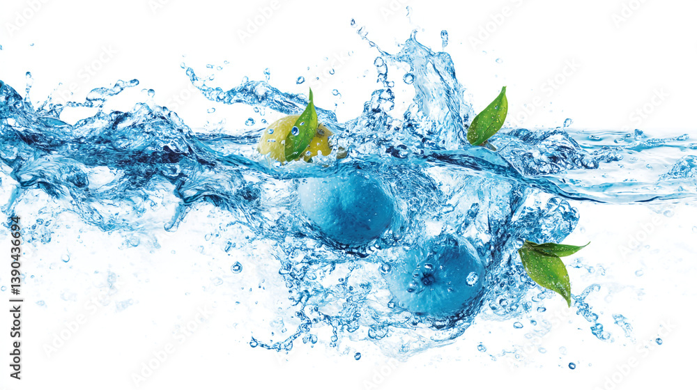 Poster blueberries and lemons splashing in water with green leaves on a white background creating a refresh