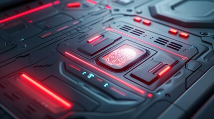 Futuristic Circuit Board with Glowing Red Core and Sci-Fi Electronic Design."