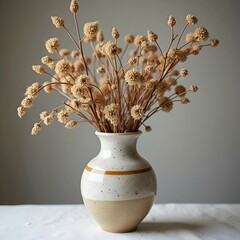 A ceramic vase with dried flowers.
