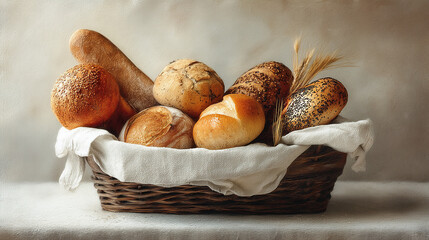 Bread basket with assorted rolls on white linen background