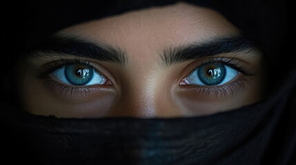 Close-up of a person's captivating eyes.  A young woman's piercing gaze, with intense blue eyes, is seen through a dark fabric covering