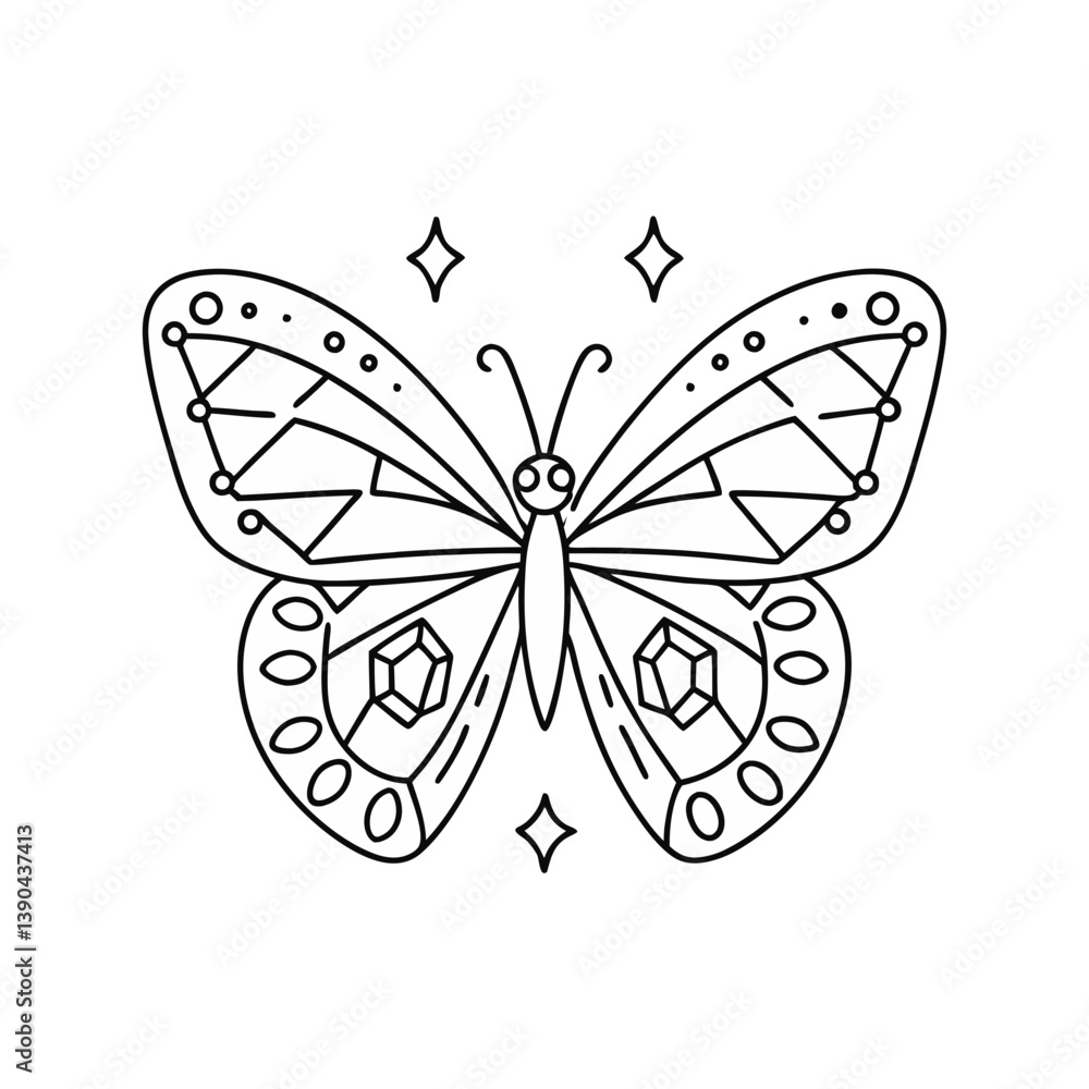 Poster decorative butterfly with geometric gemstone wing patterns and sparkles in a stylish minimalist vect