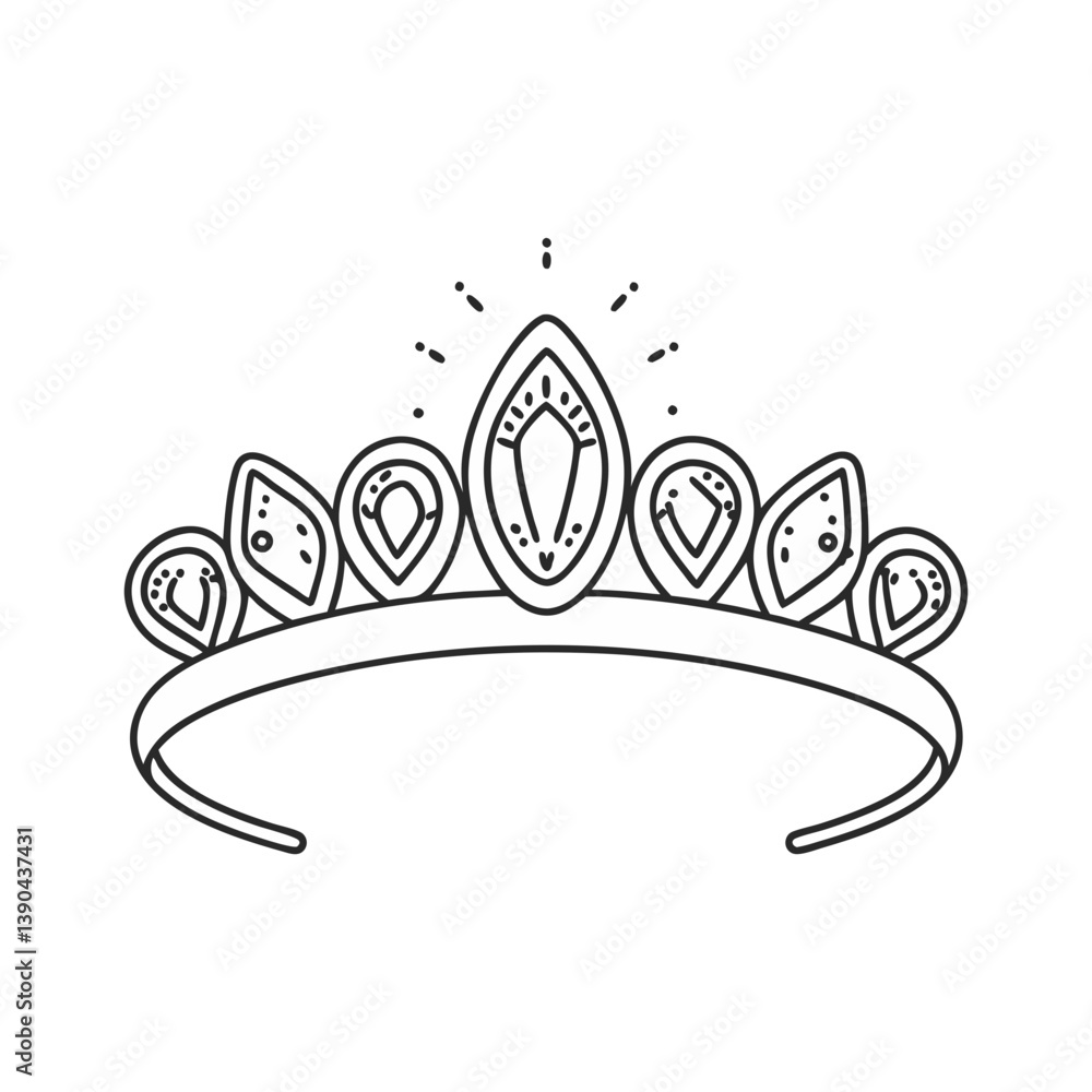 Poster elegant tiara with gemstone details and subtle sparkles in a clean, minimalist vector line design.