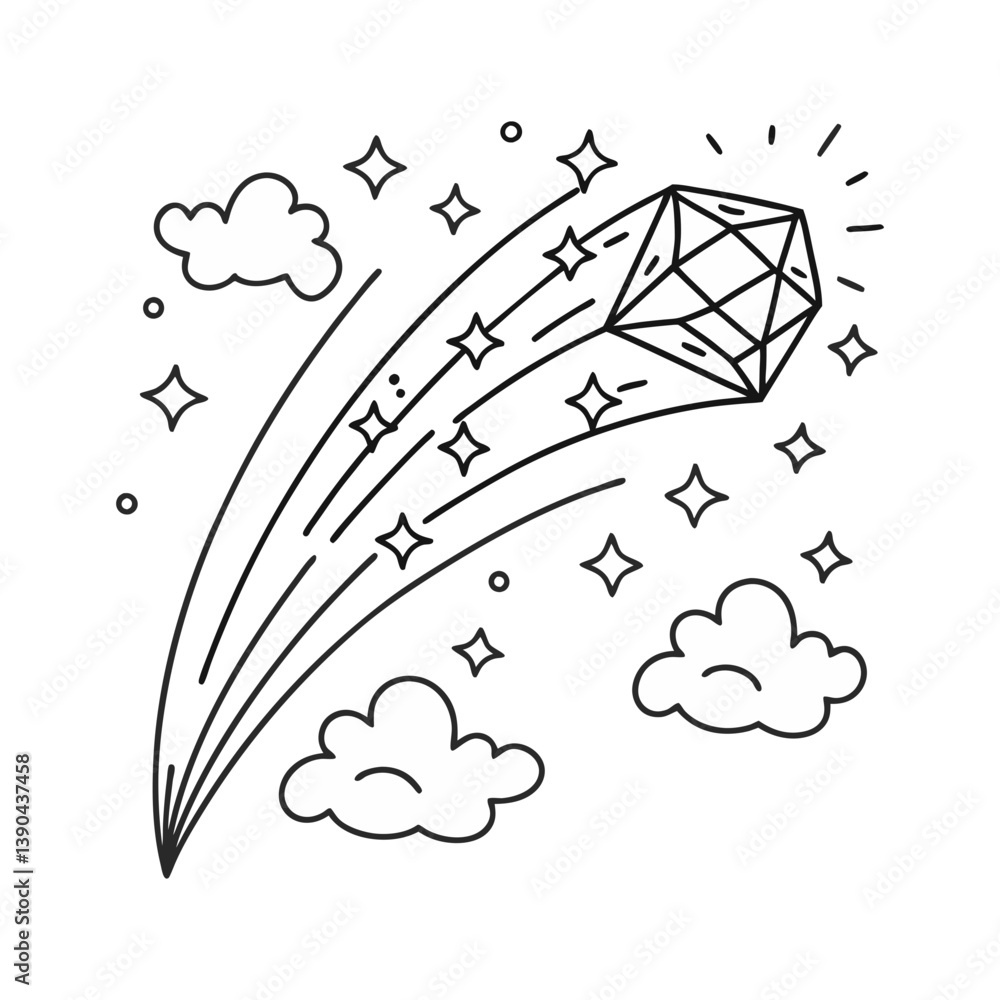 Poster shooting star made of a faceted gem with sparkles and clouds in a whimsical minimalist vector line s