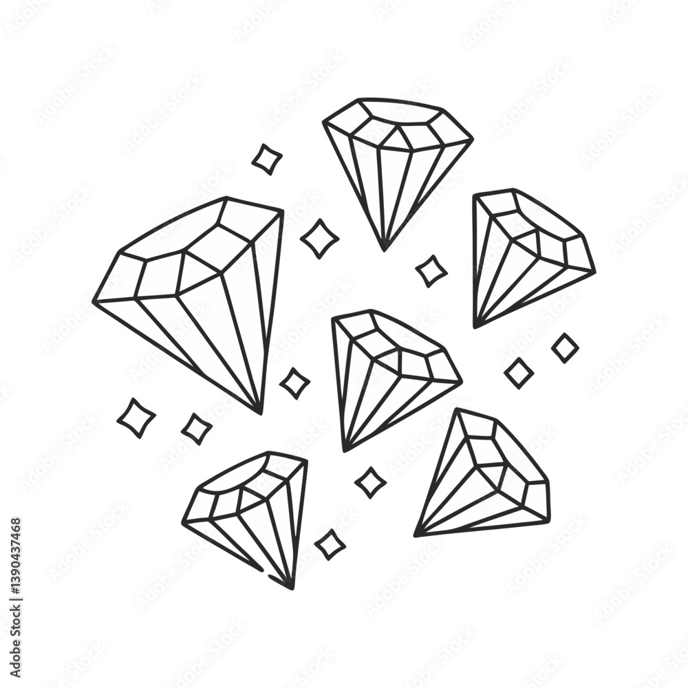 Poster cluster of geometric diamonds with sparkles in a modern minimalist vector line style on a white back