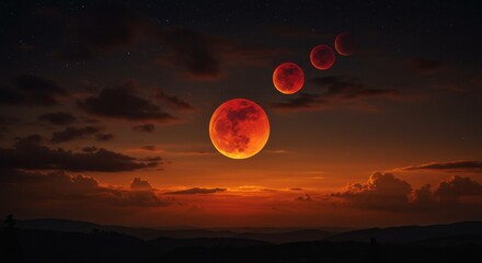 A sequence of blood moons ascending in a dark orange sky with clouds and a dark horizon line