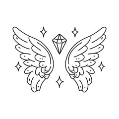 Fototapeta premium Angel wings vector with diamond and sparkles in elegant black and white fantasy line art style