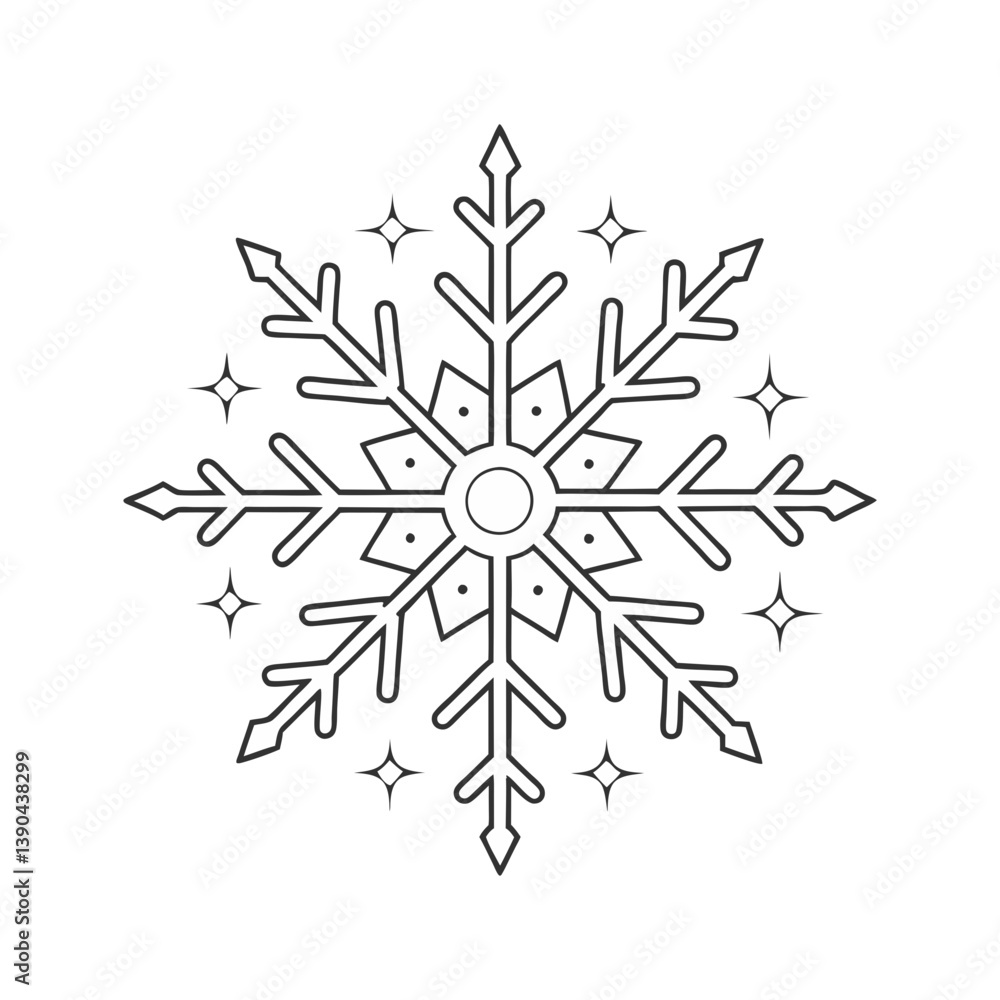 Poster geometric snowflake vector with symmetrical lines and sparkles in clean black and white style