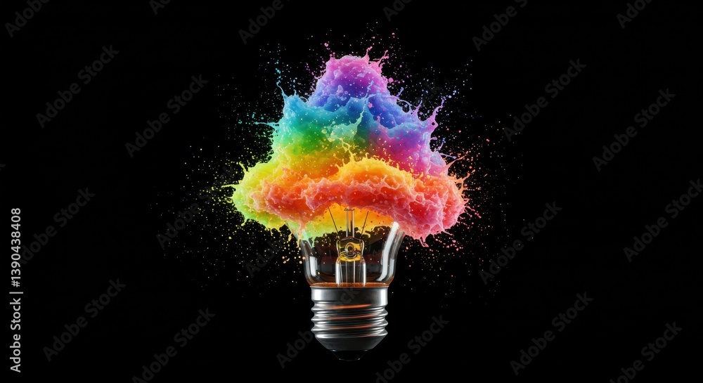 Poster a lightbulb with a colorful paint explosion on a black background creating an abstract design