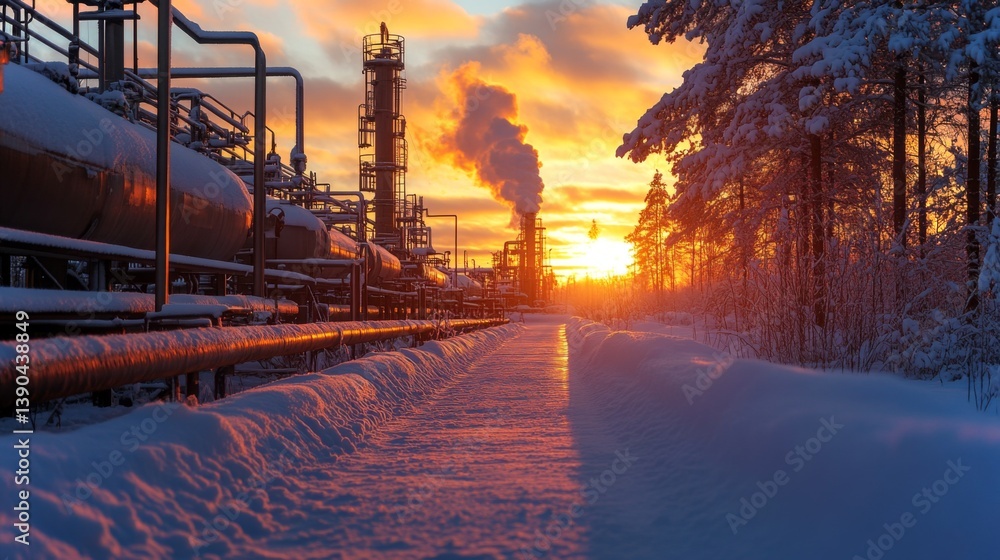 Poster bright orange sunrise casts light on mining and energy infrastructure with smoke rising from powerpl