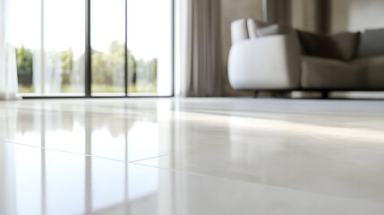 Shiny floor reflecting sunlight in modern living room.