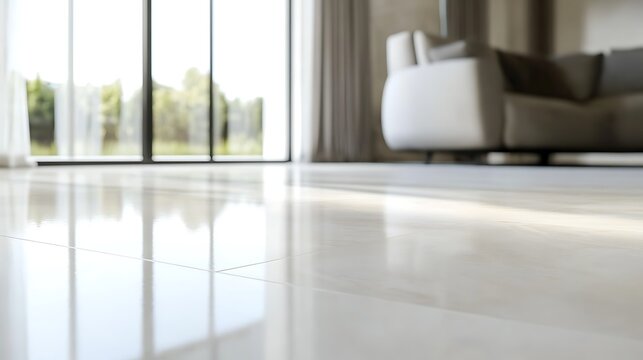 Fototapeta Shiny floor reflecting sunlight in modern living room.
