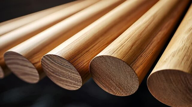Close-up view of several cylindrical wooden rods, displaying natural wood grain patterns.  The rods are positioned in a row, with a focus on the circular ends